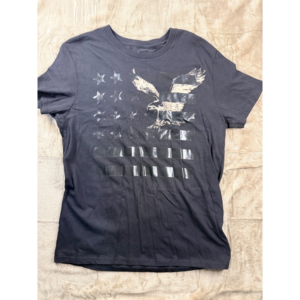 American Eagle Mens Black Graphic T-Shirt Eagle Crew Neck Medium Grunge Classic